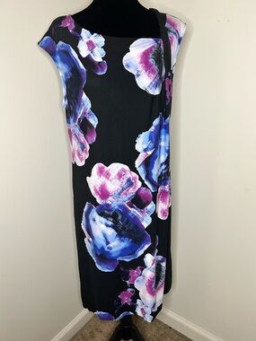 Chico's Black Midi Dress with Blue & Pink Floral Print